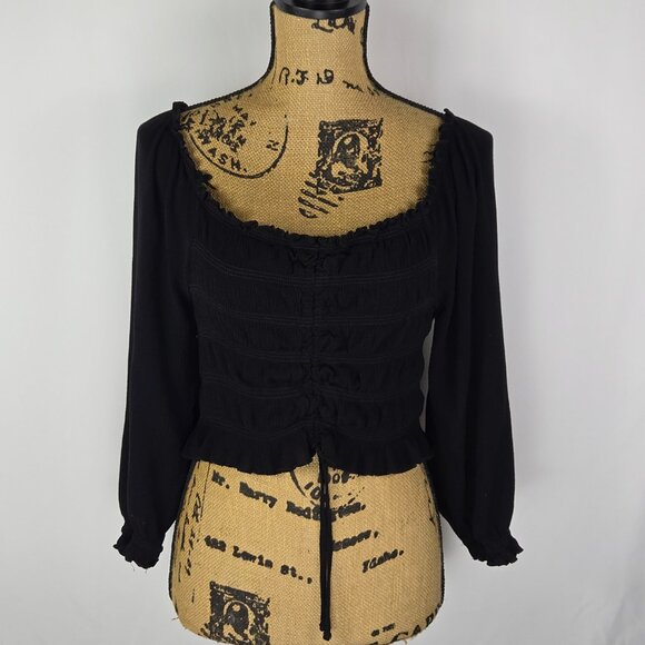 Rue21 Black Ruched Long Sleeve Top Womens Sz L Boho Peasant Cottagecore Romantic - Picture 2 of 14